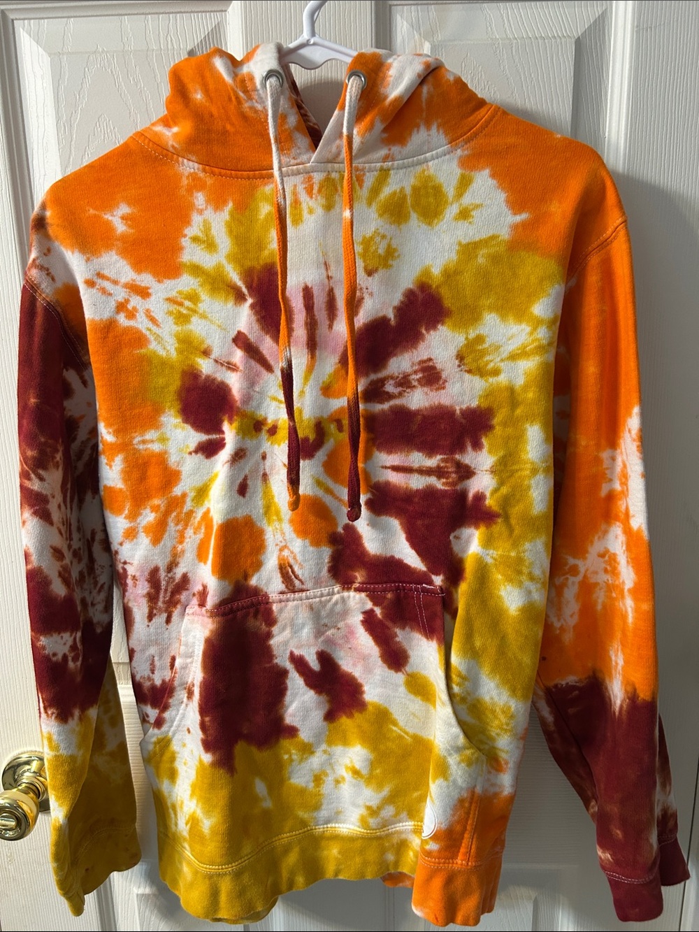 Bold Spiral Tie-Dye Hooded Sweatshirt in Orange, Yellow & Burgundy